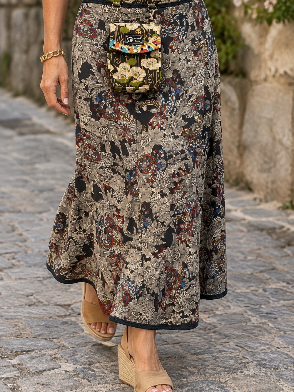ARENA IBIZA Boho Adjustable Floral Maxi SkirtDetachable Pouch Sz OS Unique Flowy